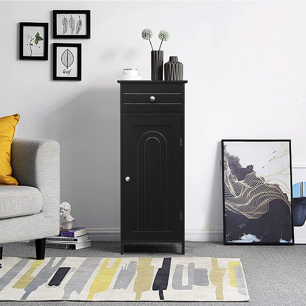 HAPPYGRILL Bathroom Floor Cabinet, Single Door Floor Storage Cabinet Organizer with Drawer and 3-Level Adjustable Shelves, Bathroom Cabinets Freestanding with Anti-Tipping Device for Living Room