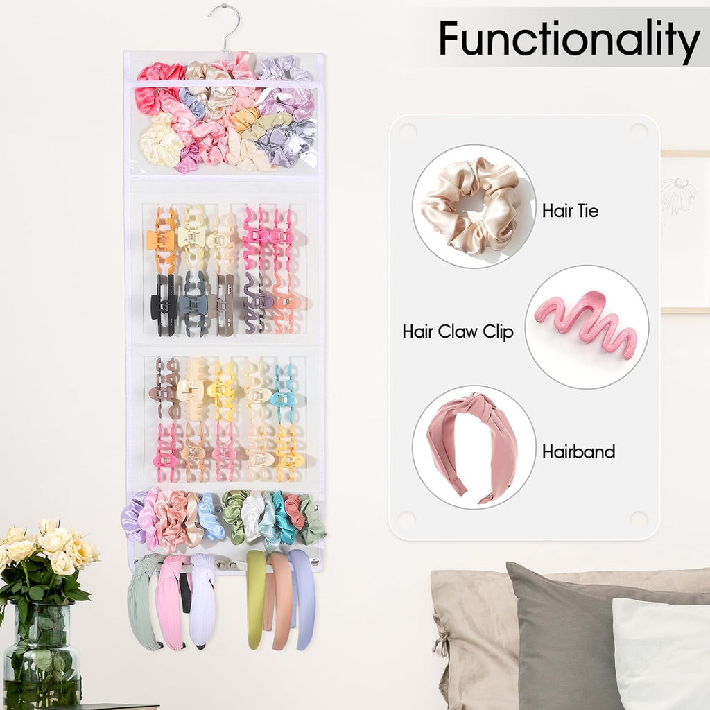 SNOWSTAR Hair Claw Clip Organizer, Large Transparent Bag for Scrunchies Holder and Hair Ties Organizer with Women Girls, Hair Accessorie Hanging Storage Home Decor Wall, Door