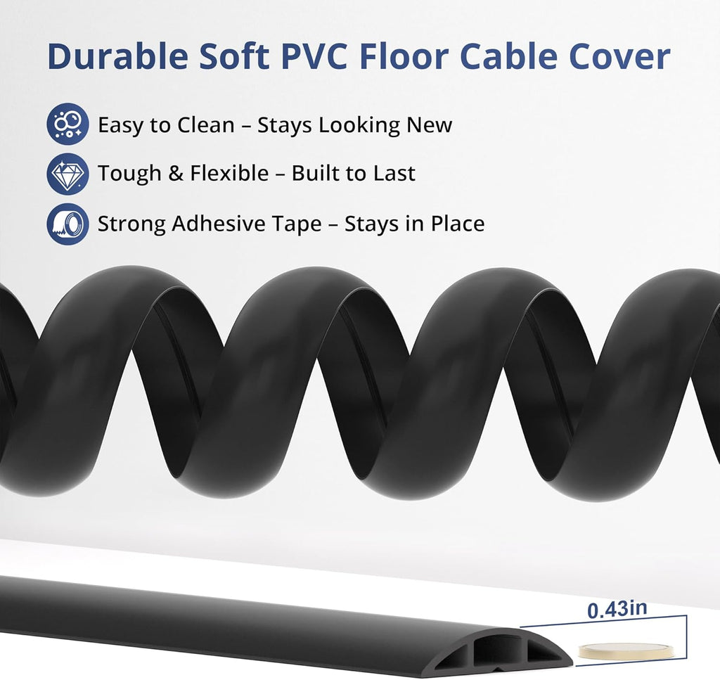 ZhiYo 10ft Cord Covers for Wires on Floor, Cord Hider Floor Hide Extension Cords, Soft PVC Cable Cover Cable Protector, Cable Cavity W0.62in, H0.31in, Black
