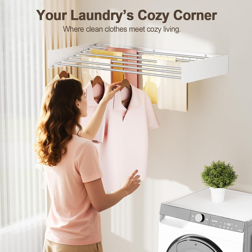 Wall Mounted Clothes Drying Rack Folding Indoor, Foldable Laundry Drying Rack Collapsible,Invisible, Space Saving, Retractable Towel Drying Rack, with Wall Template(6 Drying Rods, White 40")