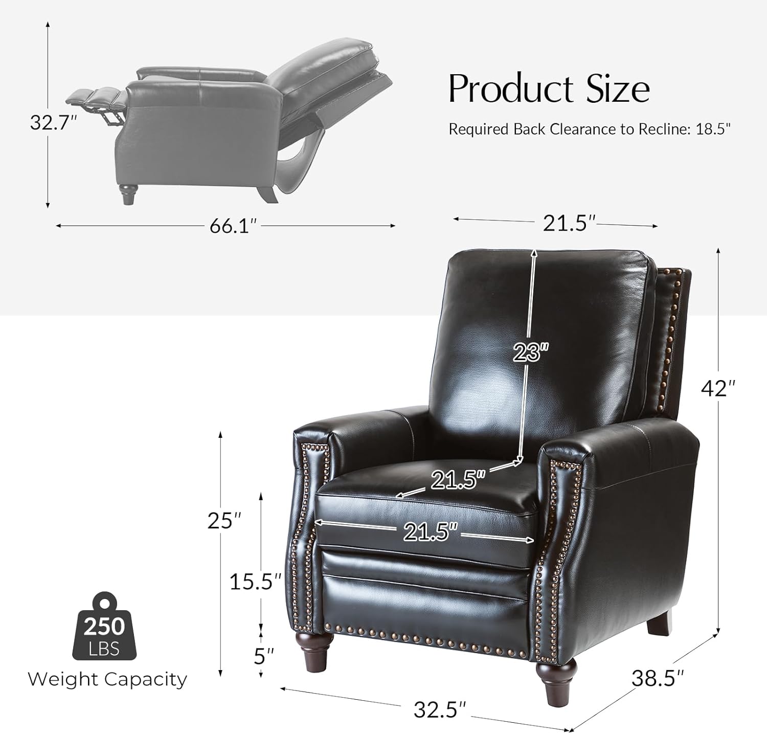 HULALA HOME Genuine Leather Manual Recliners Set of 2 with Wood Legs, Black | Mid Century Modern Push Back Recliner with Nailhead Trim, Adjustable Backrest & Footrest, for Living Room Home Theater