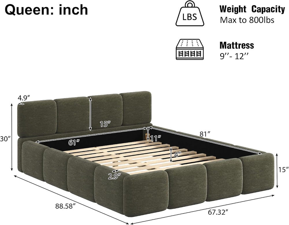 Merax Queen Linen Blend Platform Bed, Thick Headboard and Footboard, Green