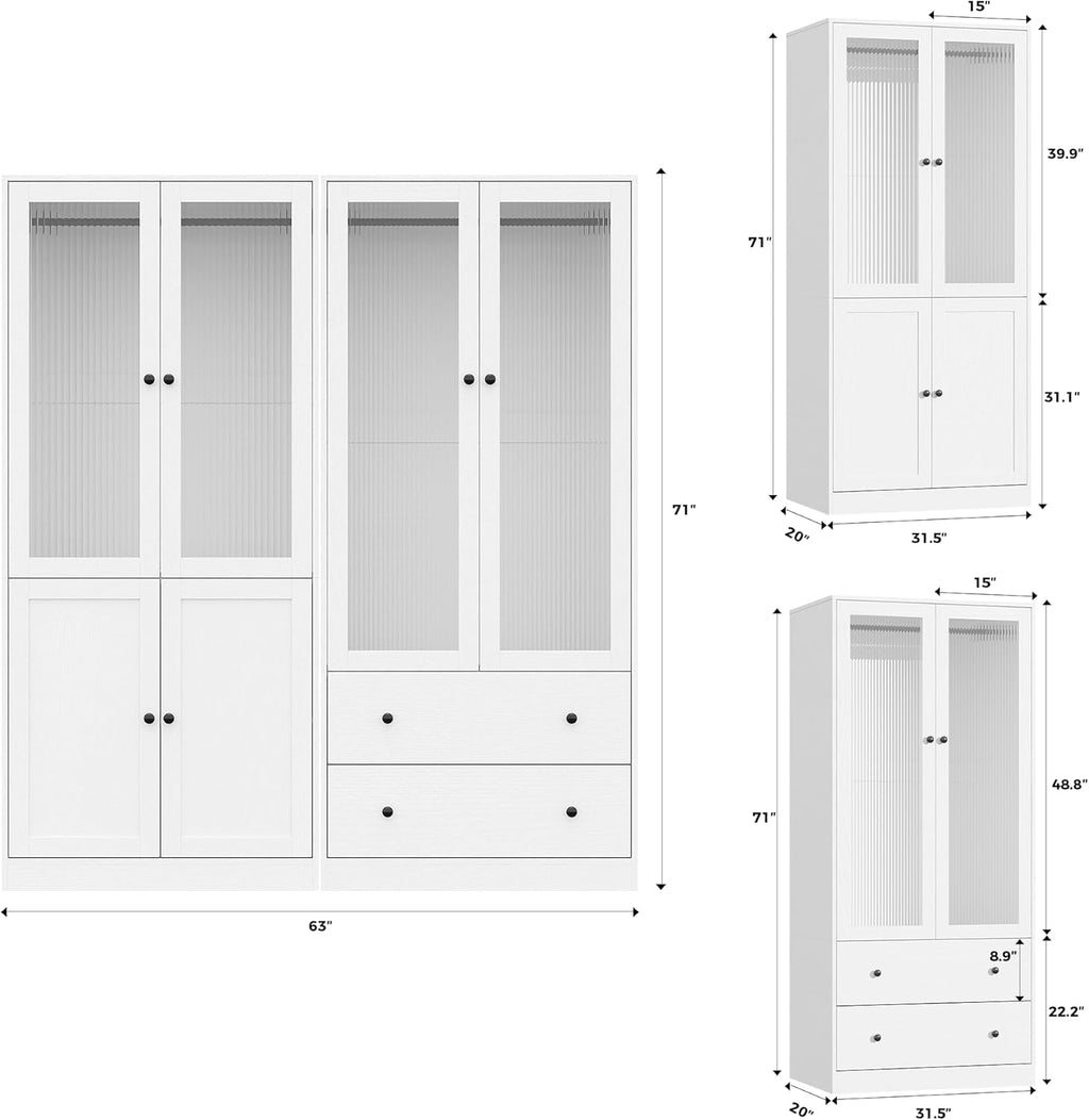 VOWNER 20“D Armoire Wardrobe Closet with Fluted Glass, 71" H Clothing Storage Cabinet with Hanging Rod, 4 Soft-Close Doors Wooden Wardrobe Cabinet for Bedroom, Large Capacity Storage White(CC)