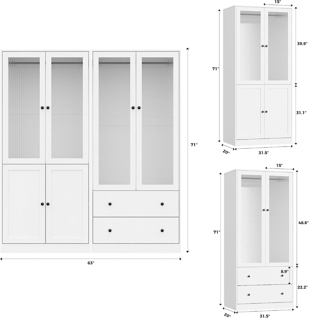 VOWNER 20“D Armoire Wardrobe Closet with Fluted Glass, 71" H Clothing Storage Cabinet with Hanging Rod, 4 Soft-Close Doors Wooden Wardrobe Cabinet for Bedroom, Large Capacity Storage White(CC)