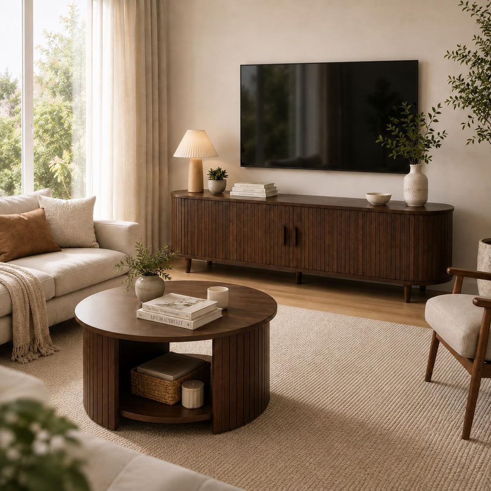 Living Room Table Set of 2, Fluted TV Stand and Coffee Table Set, Mid-Century...