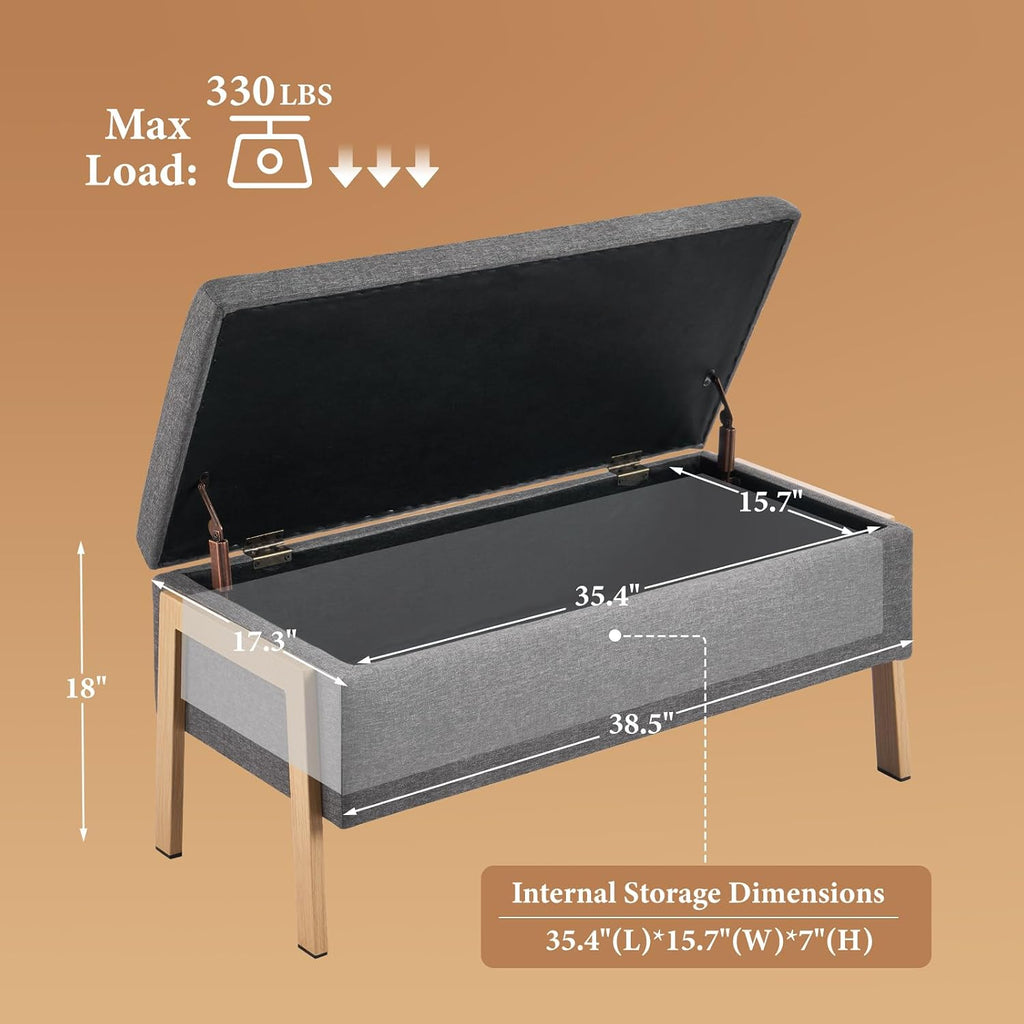 Furniliving Storage Bench for Bedroom, Modern End of Bed Storage Ottoman Bench, Upholstered Linen Ottoman Bench with Metal Legs, Folding Bedroom Bench for Living Room, Entryway, Grey