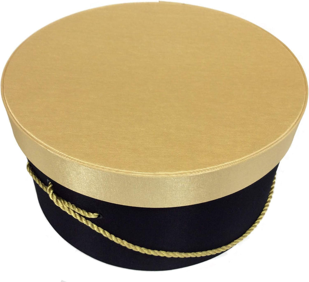 Sarah's Hat Boxes Classic Black/Gold Hat Box – 11" x 5.5" (Dia. x Ht.) Handmade in USA – Odorless Non-Toxic Adhesive, Cording Handle – Premium Storage for Hats & Accessories