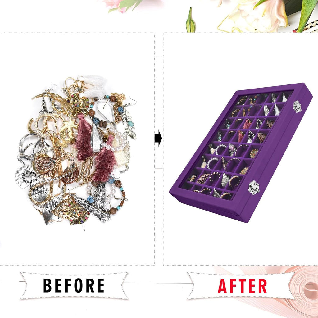 Velvet Jewelry Tray 48 Grid Jewelry Display Tray Organizer Box with Transparent Lid Rings Earrings Necklaces Pendants Display Box Suitable for Women and Girls (Purple)