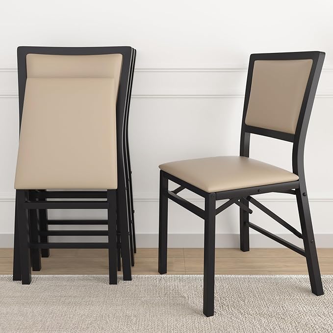 VECELO Folding Chairs Set of 4 with Cushion, Foldable Padded Seats with Heavy Duty Metal Frame for Kitchen/Dining/Living Room, No Assembly & Space Saving Design, Beige