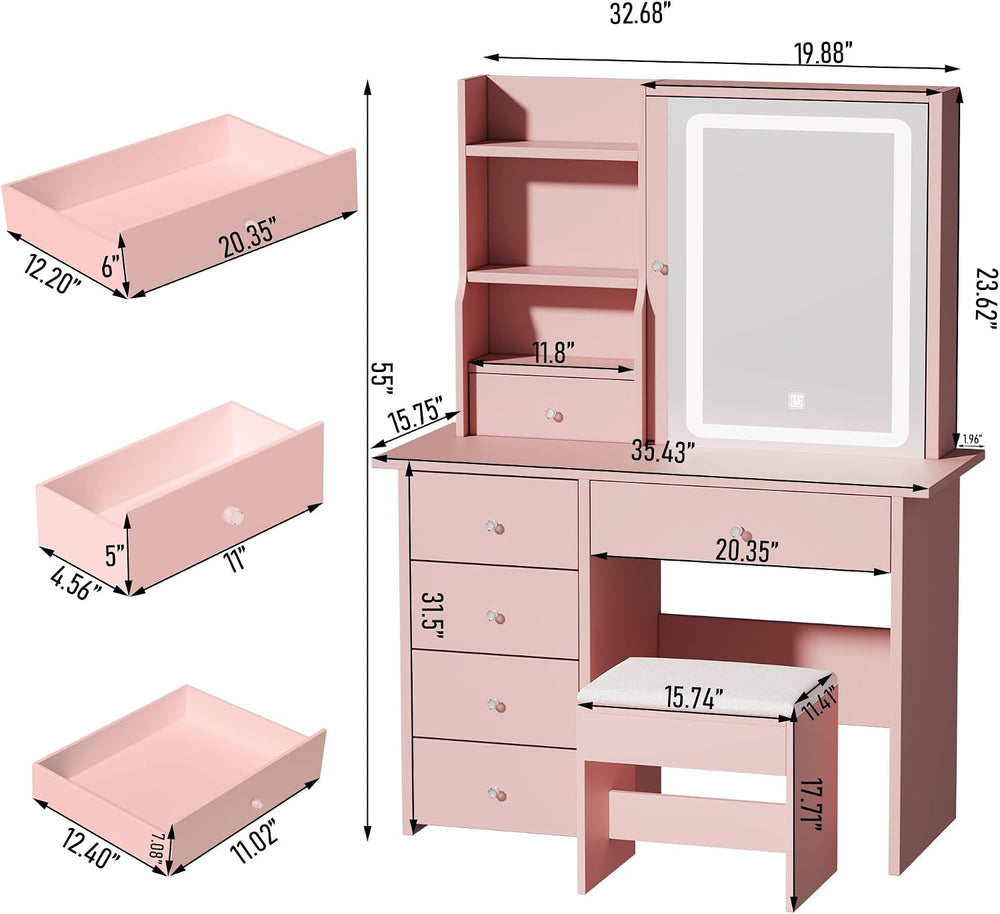 Vanity Desk with Mirror and LED Lights, Makeup Vanity Set with Power Outlet, ...