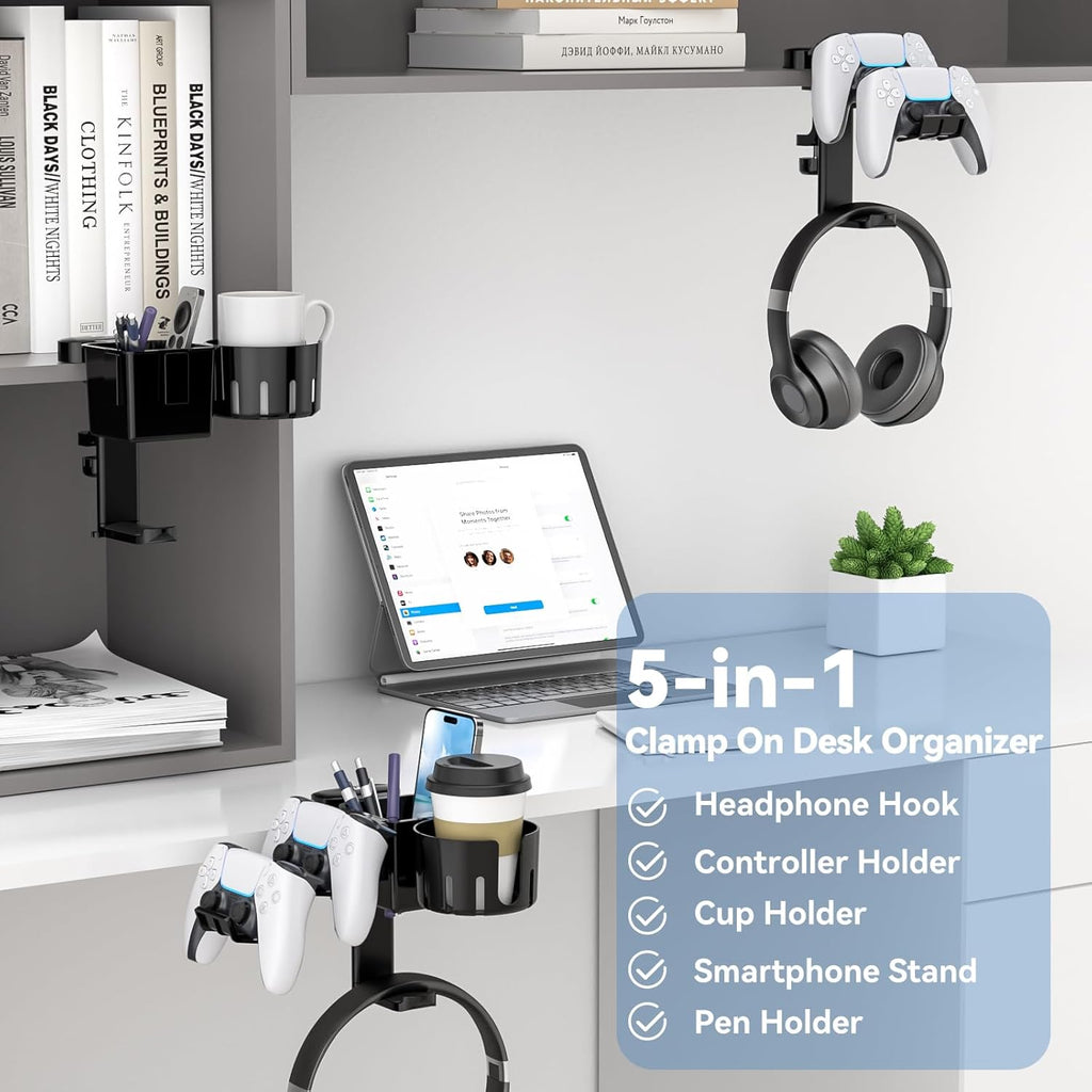 KDD 5 in 1 Desk Controller Holder - Rotating Headphone Hanger with Cup Holder - Clamp On Desk Organizer Holds Controller, Headphone, Cup, Mobile Phone and Pen(Black)