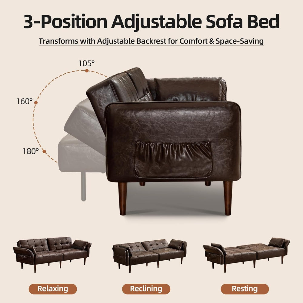 HALLYBEE 85" Futon Faux Leather Couch with Adjustable Armrests Coffee Br...