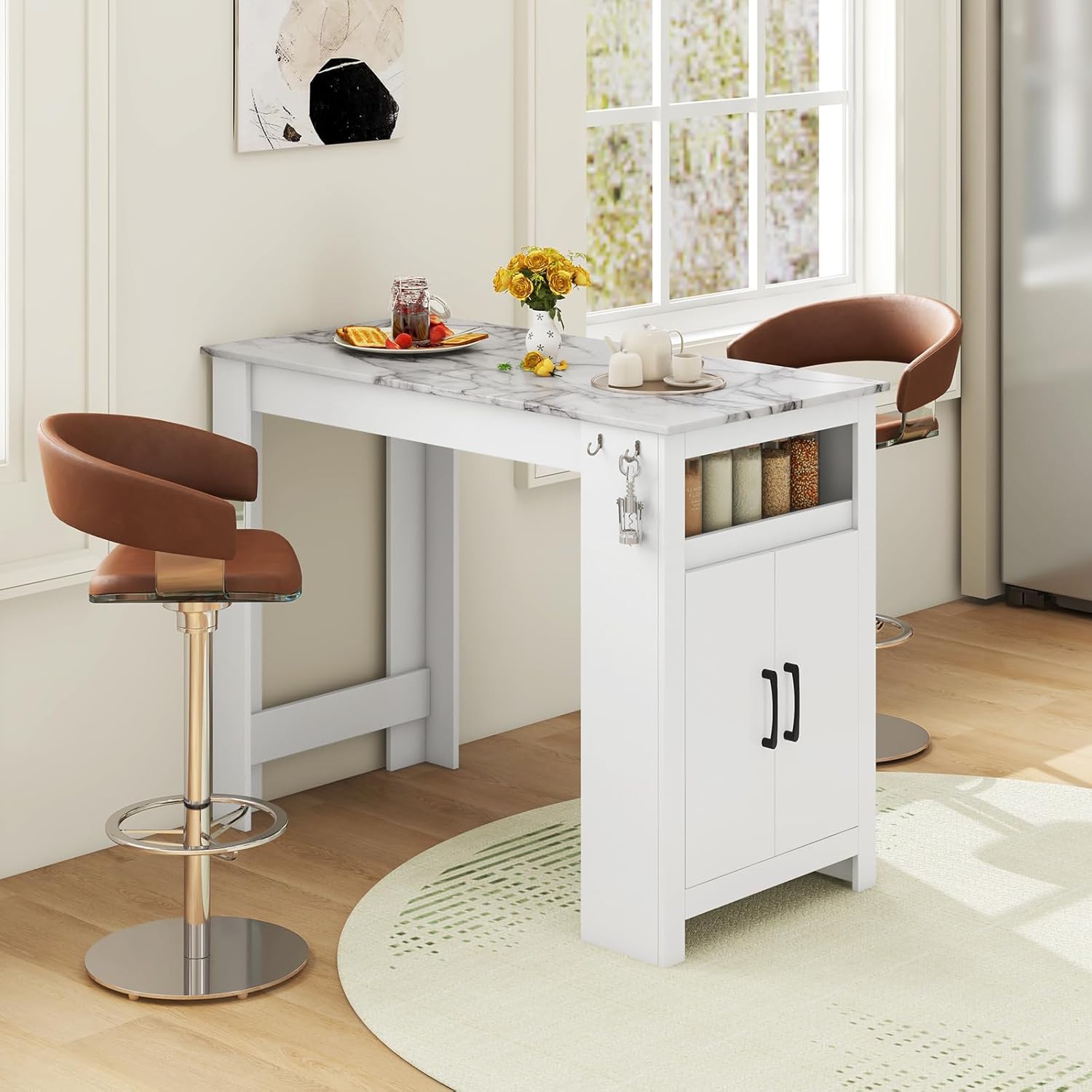 COSTWAY Bar Table, Modern Faux Marble Breakfast Table with 7 Hanging Hooks, Open Compartment, Storage Cabinet & Adjustable Shelf, Counter Height Dining Table for Kitchen, Dining Room, Living Room | 7 Hanging Hooks, Open Compartment, Storage Cabinet &