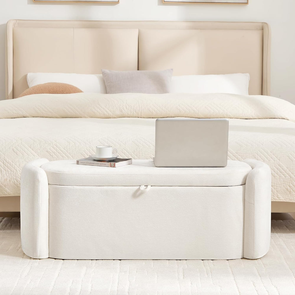Oval Storage Ottoman Bench, 45" Upholstered Chenille End of Bed Bench Ot...