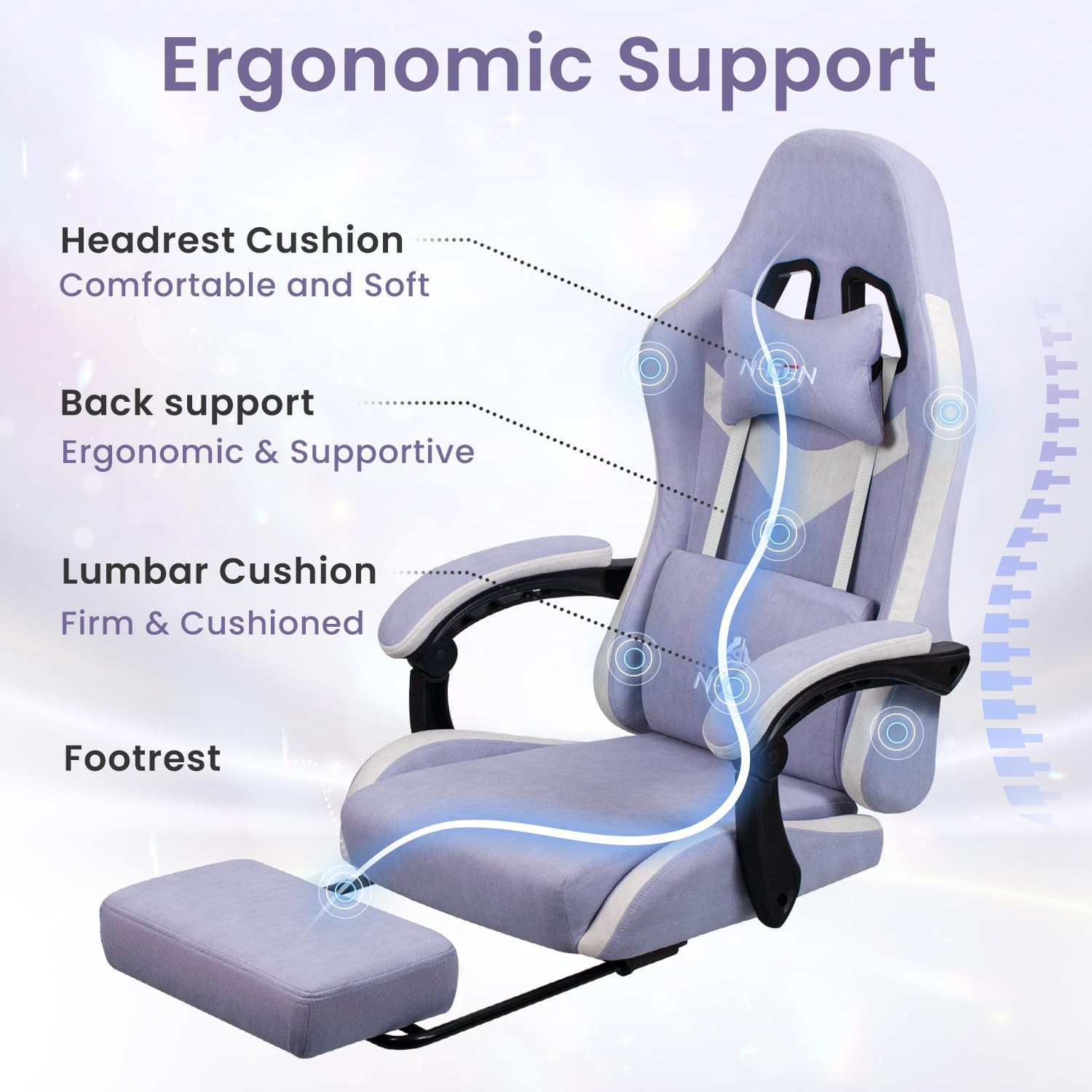 N-GEN GAMING Gaming Chair Video Game Computer Office Desk Use Ergonomic Reclining Backrest Adjustable Armrests Lumbar Support Footrest High Density Foam Breathable Fabric Heavy Duty Base (Purple)