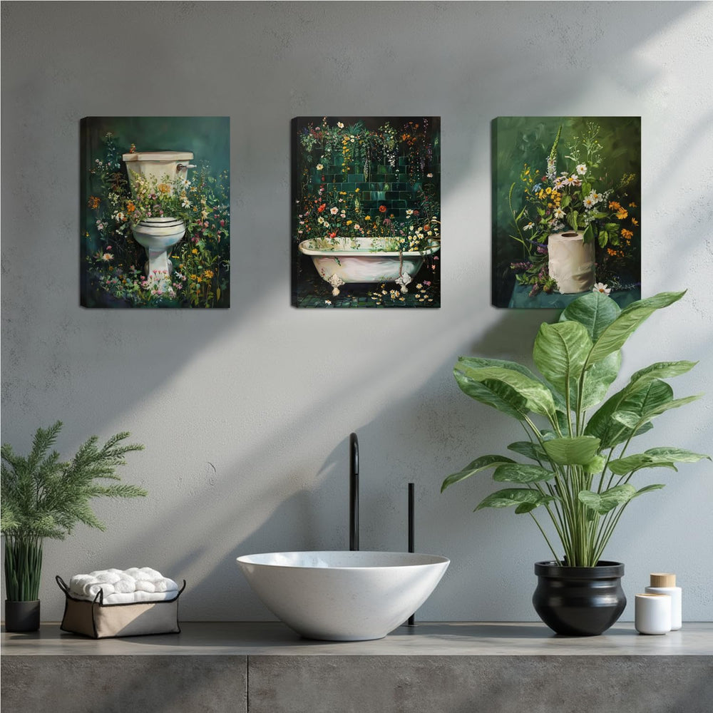 Framed Vintage Floral Bathroom Wall Art Set of 3, Dark Green Moody Flower Can...