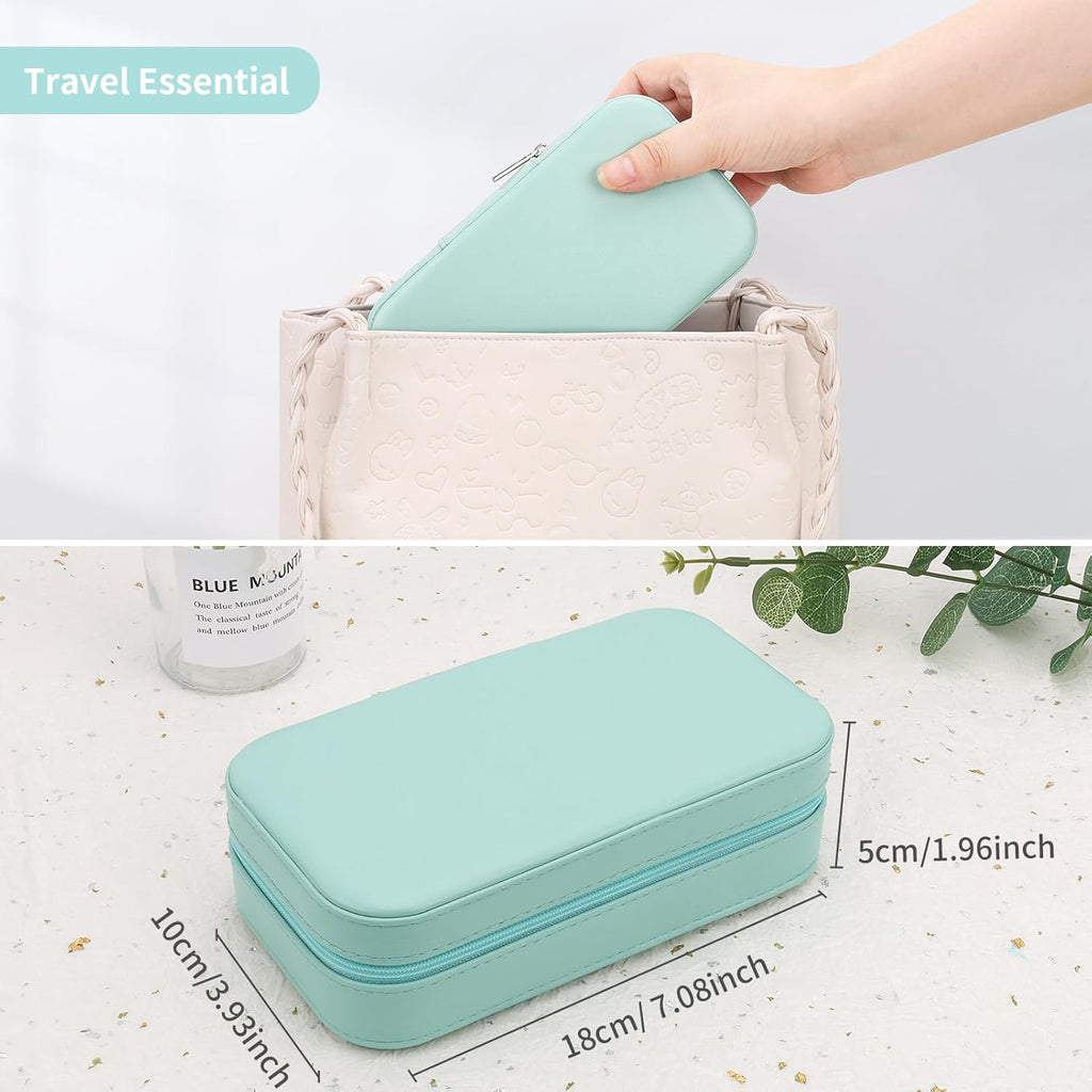 DesignSter Travel Jewelry Box, PU Leather Portable Jewelry Case, Small Jewelry Boxes for Gifts, Travel Jewelry Organizer for Women Rings Earrings Necklaces Bracelets (Mint Green)
