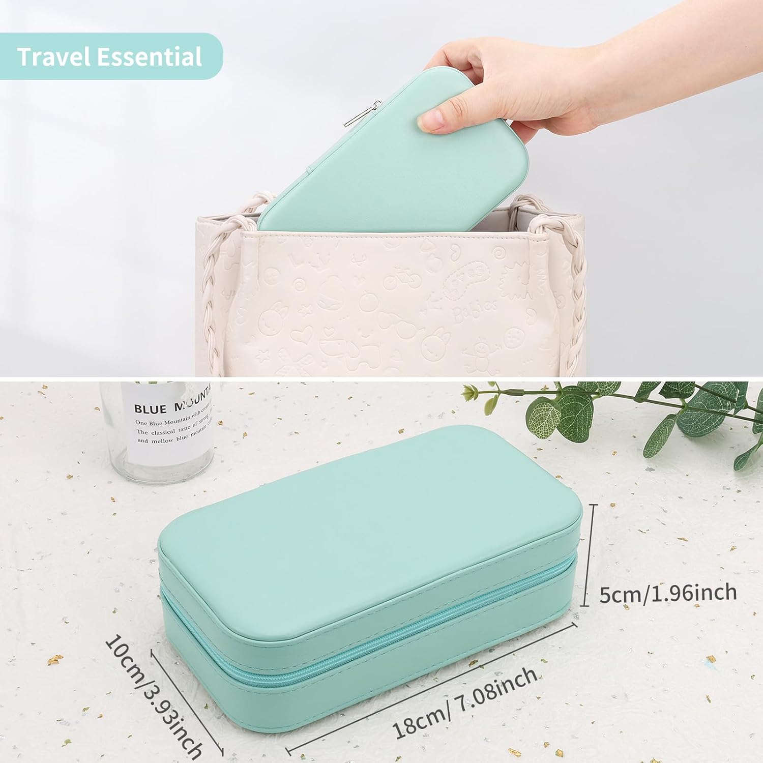 DesignSter Travel Jewelry Box, PU Leather Portable Jewelry Case, Small Jewelry Boxes for Gifts, Travel Jewelry Organizer for Women Rings Earrings Necklaces Bracelets (Mint Green)