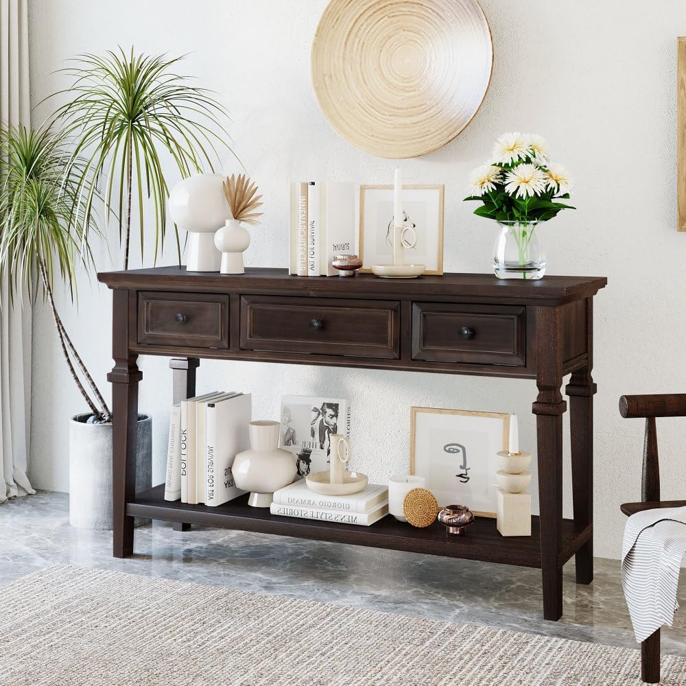 ZOEDO Classic Retro Style Console Table with Three Top Drawers and Open Style...