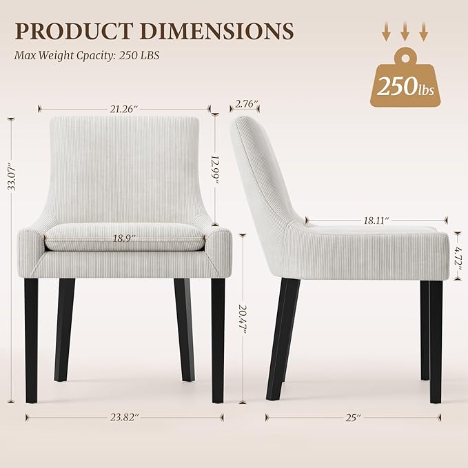 Dining Chairs Set of 2, Upholstered Corduroy Dining Room Chair with Wood Legs, Mid-Back Padded Kitchen Side Chairs for Dining Room, Beige