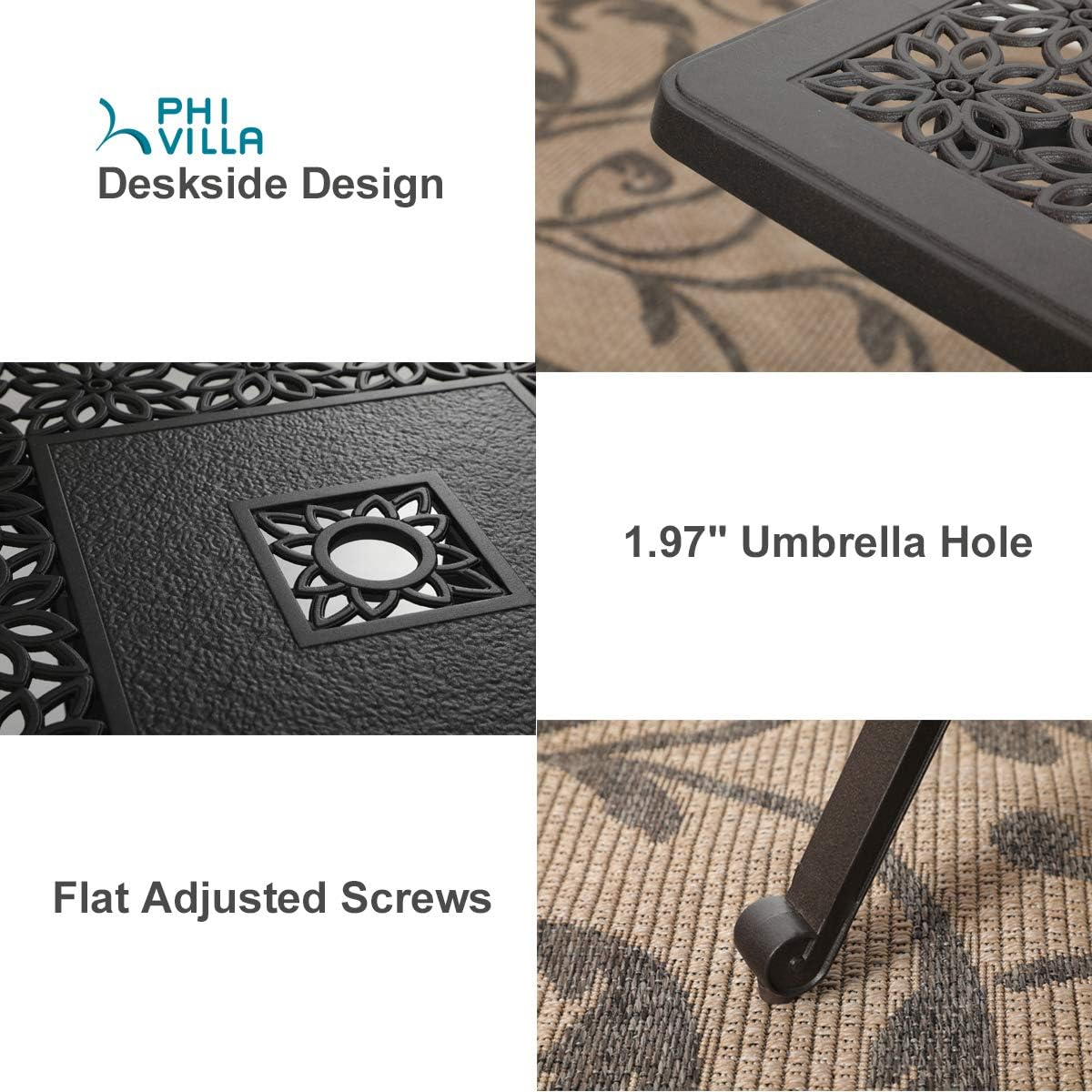 PHI VILLA Outdoor Patio Bar Tables Cast Aluminum,27.5" L x 27.5" W x 42" H | Frosted Surface Square Bar Height Bistro Table with 1.96" Umbrella Hole for Balcony Lawn Garden