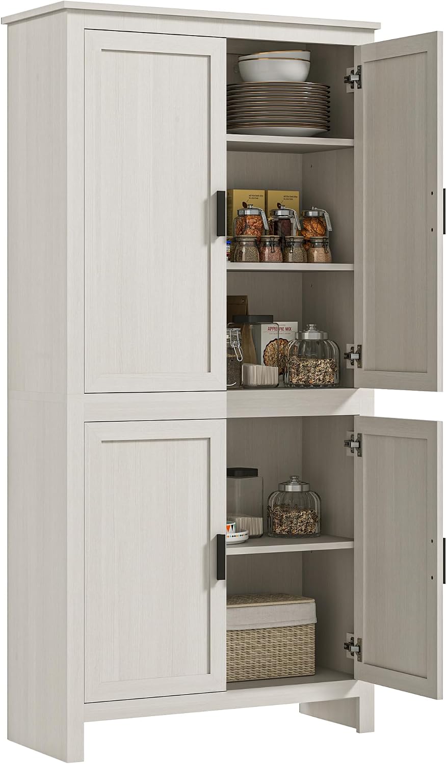 HOMCOM 64" Kitchen Pantry Cabinet Freestanding with 4 Doors Antique White | Storage Cabinet, 3 Adjustable Shelves, for Dining Room