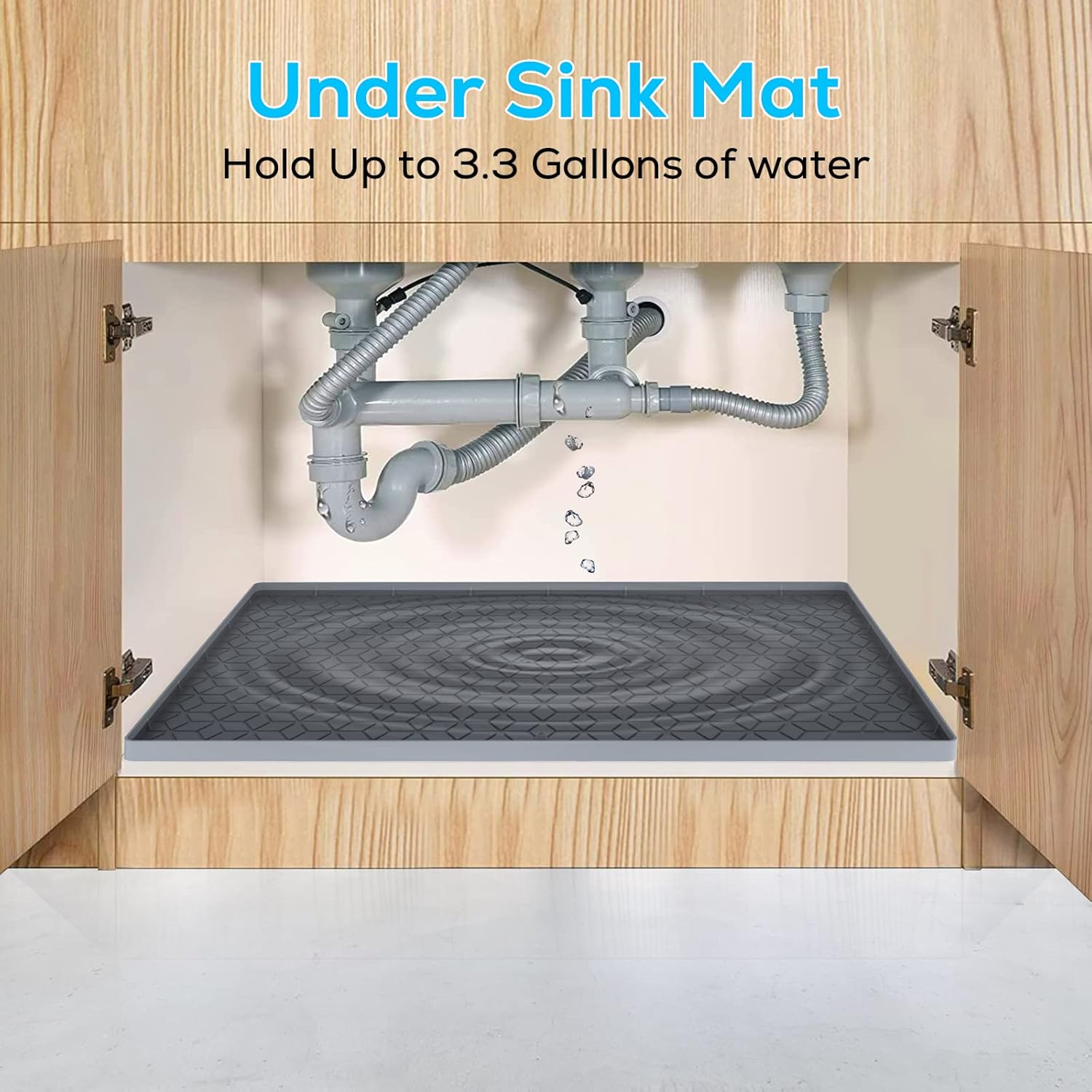 Under Sink Mat for Kitchen, Silicone Waterproof Liner, Flexible Organizer Tray with Drain Hole, 3.3 Gallons Capacity, Easy to Clean (Gray, 28x19)