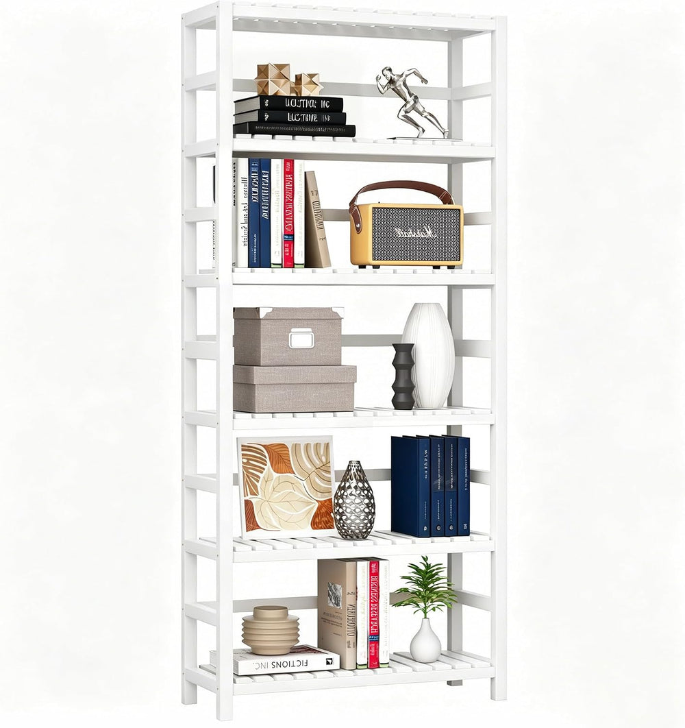 VASMIA 6-Tier Bamboo Shelf,Bamboo Storage Shelving Unit,Tall Bookcase with Ad...