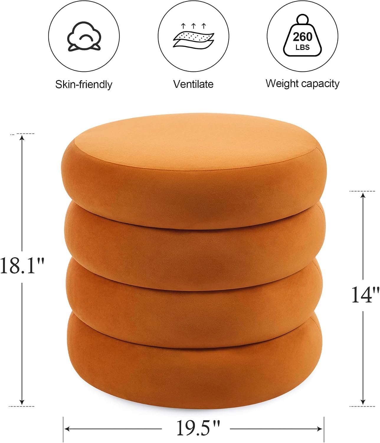ONEVOG Round Storage Ottoman, 20" Small Ottomans Table with Removable Lid, Velvet Fabric Soft Footrest Stool for Couch, Upholstered Stuffed Circle Seat for Living Room/Bedroom/Dorm/Vanity, Orange
