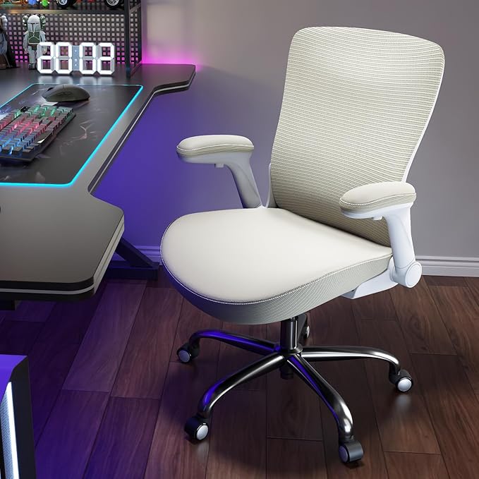 Home Office Ergonomic Chair-Computer PU Leather X-Shaped Desk Chair-Gaming Chair with Adjustable Flip-up Armrests Lumbar Support Mesh Executive Chair for Long Hours Office (Beige)