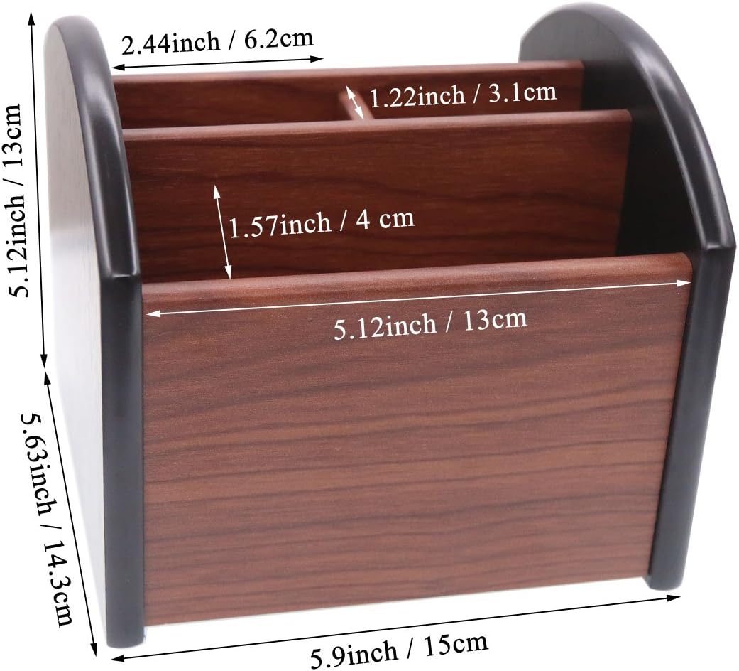 Coideal Remote Control Holder Caddy Wood, Rotating Wooden Pen Pencil Holder Organizer Medium Revolving Desktop Office Supplies Storage for Table (4 Compartments)