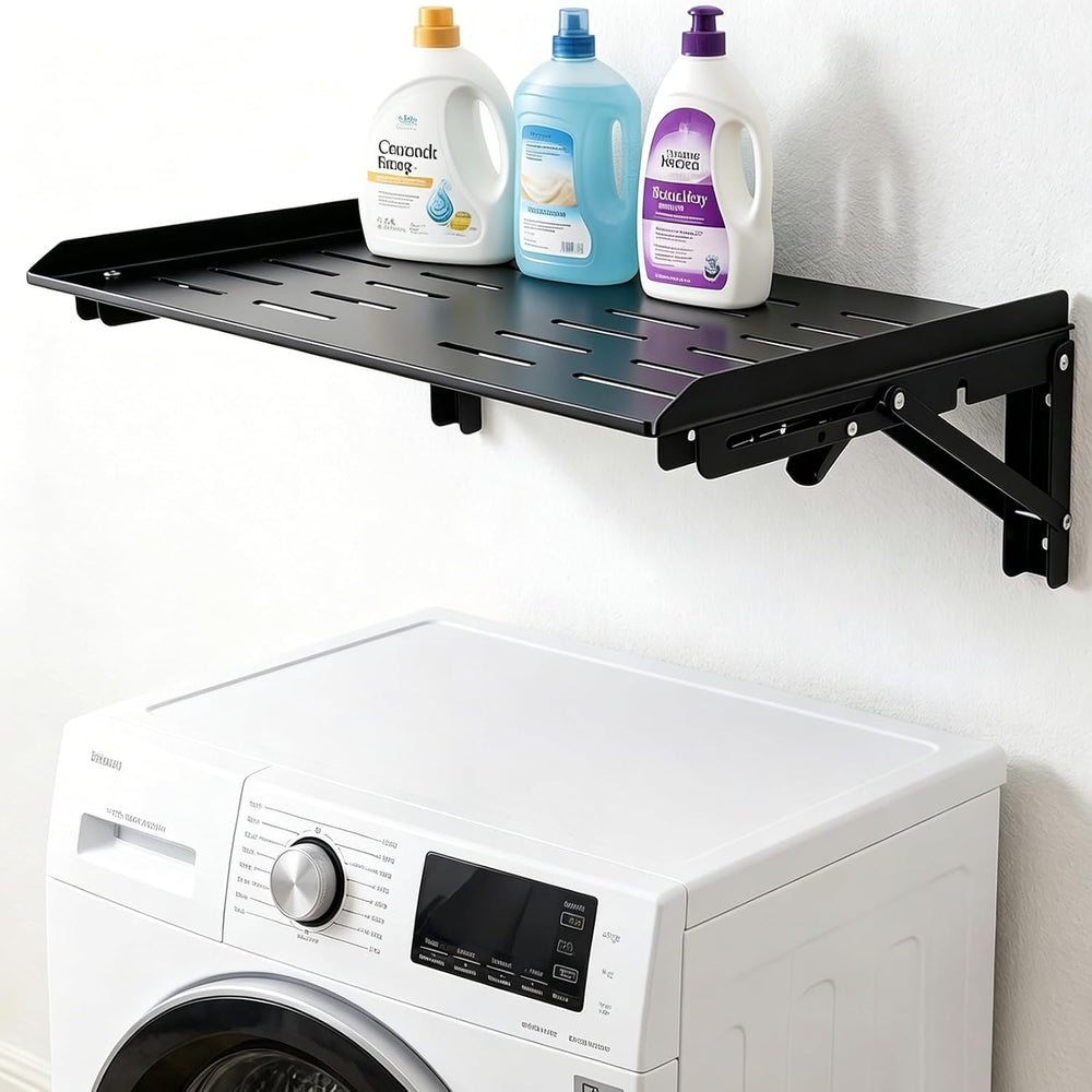 Folding Wall Mount Shelf, 16.9x11 Inch Metal Floating Shelf with Lip, Cable H...