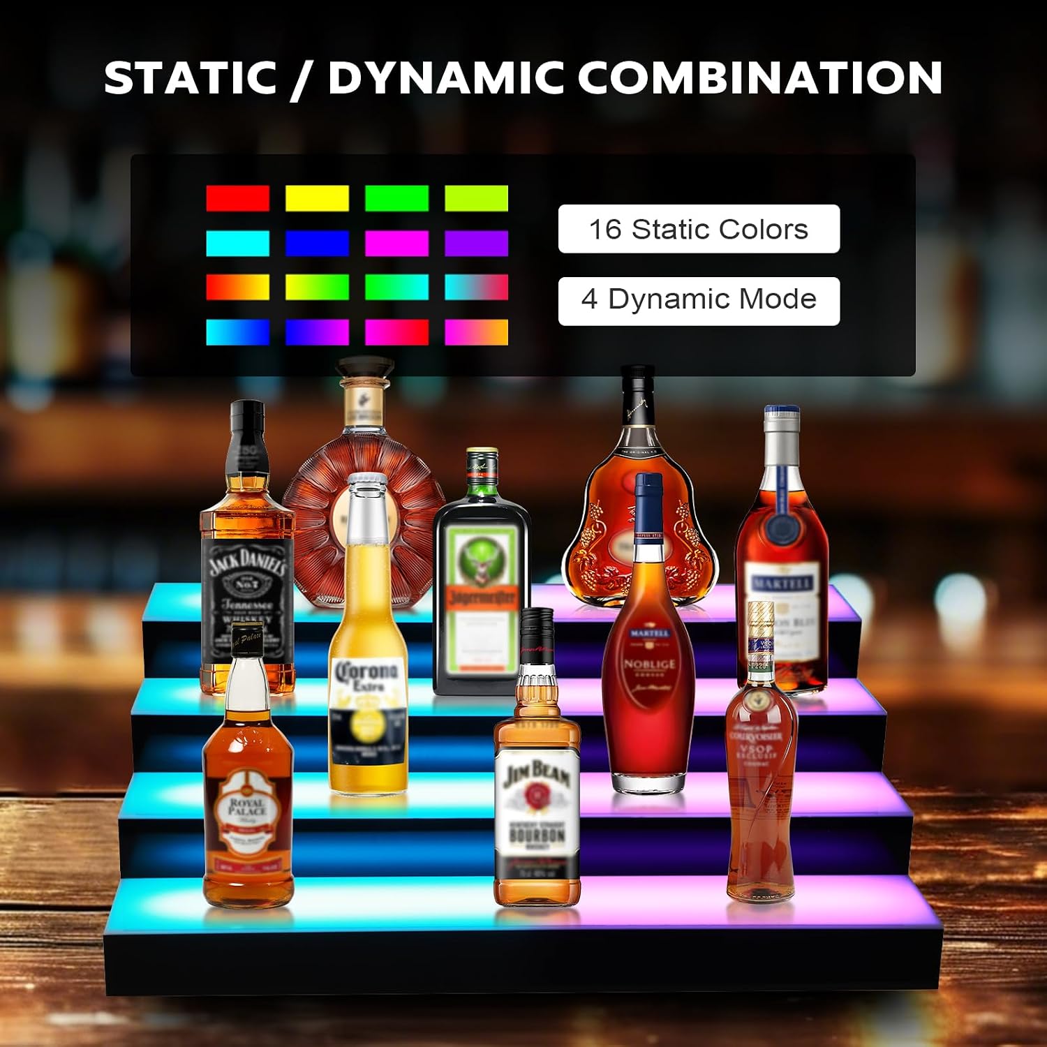 Dollate 4-Tier 16 Inch LED Liquor Bottle Display Shelf, Tabletop Wine Rack, 16 Colors, Adjustable Light for Home Bar, Party, Commercial Use
