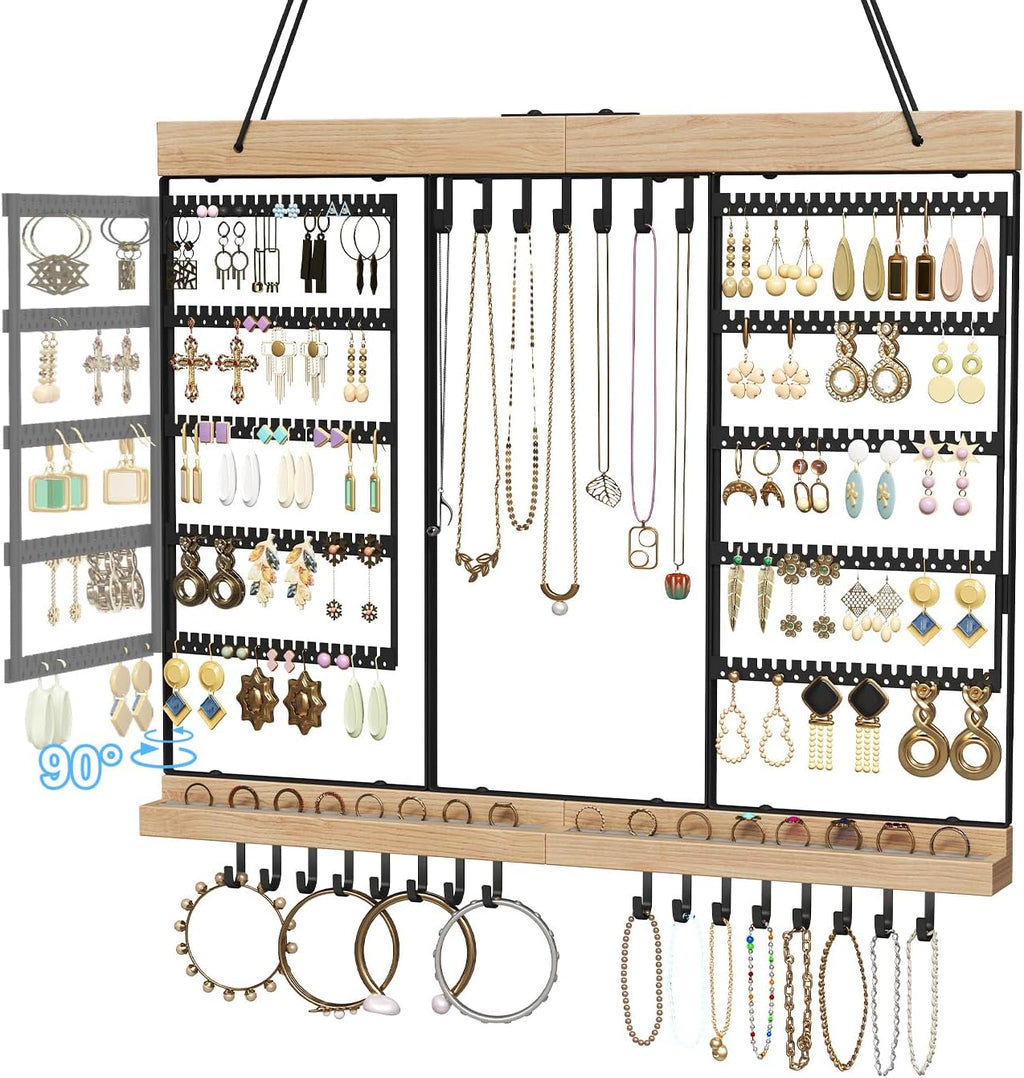 Feyejade Large Rotating Hanging Jewelry Organizer, 5-Tier Earring Holder Storage Holds up to 180 Pairs, Wall Mounted Jewelry Rack for Earrings, Necklaces, Bracelets and Rings, for Girls, Black