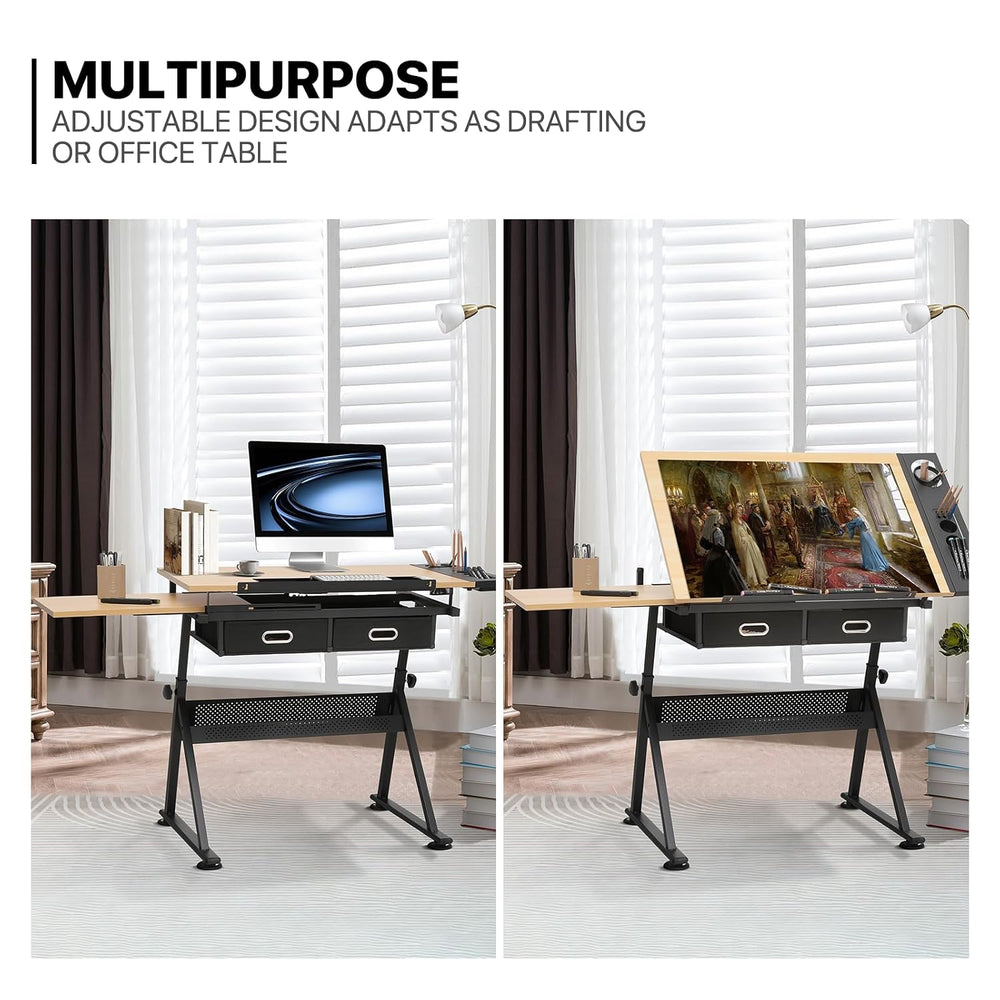 MoNiBloom 39‘’ Adjustable Drafting Table & Stool Set with Storage, Natura...