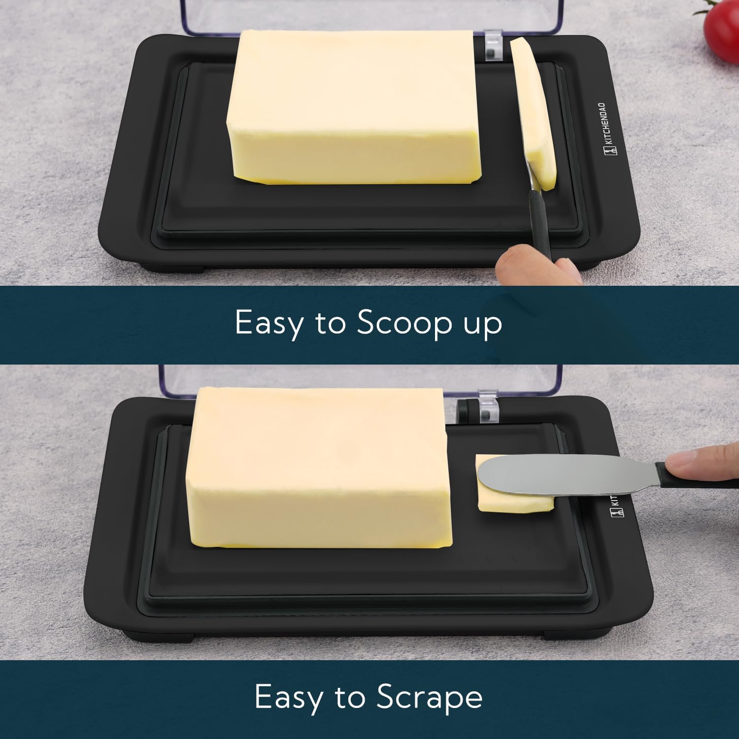 KITCHENDAO Airtight Flip-Top Butter Dish with Lid for Countertop and Refrigerator, Butter Keeper, Plastic Butter Holder Tray for 2 Sticks East Coast/West Coast/European Style/ Kerrygold Butter (Black)