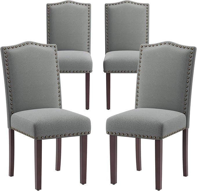 COLAMY Grey Upholstered Parsons Dining Chairs Set of 4,Comfortable Foam Seat, Classic Nailhead Trim, Solid Wood Legs, Stable & Easy to Assemble for Dining Room, Kitchen, Living Room & Café
