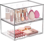 Clear Stackable Storage Drawers, 2 Pack Acrylic Makeup Organizers for Beauty Supplies, Plastic Storage Bins for Bathroom Vanity Countertop, Cabinet, Pantry, Kitchen Undersink, Desk Organization
