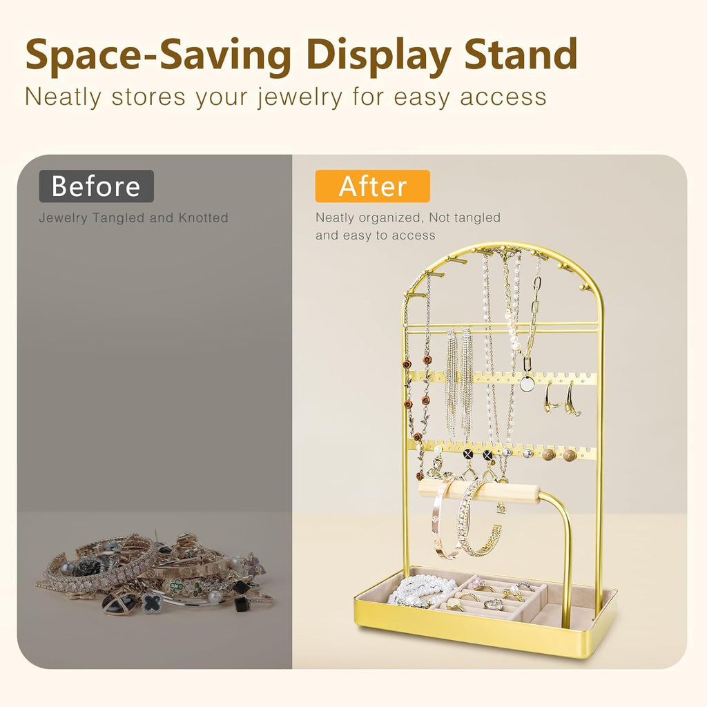 Multi-Functional Jewelry Holder Organizer Necklace Display Stand Velvet Lined Bar for Rings 2 Tier with 18 Hooks, 32 Earring Holes - Sturdy and Durable, Easy Organization Gold