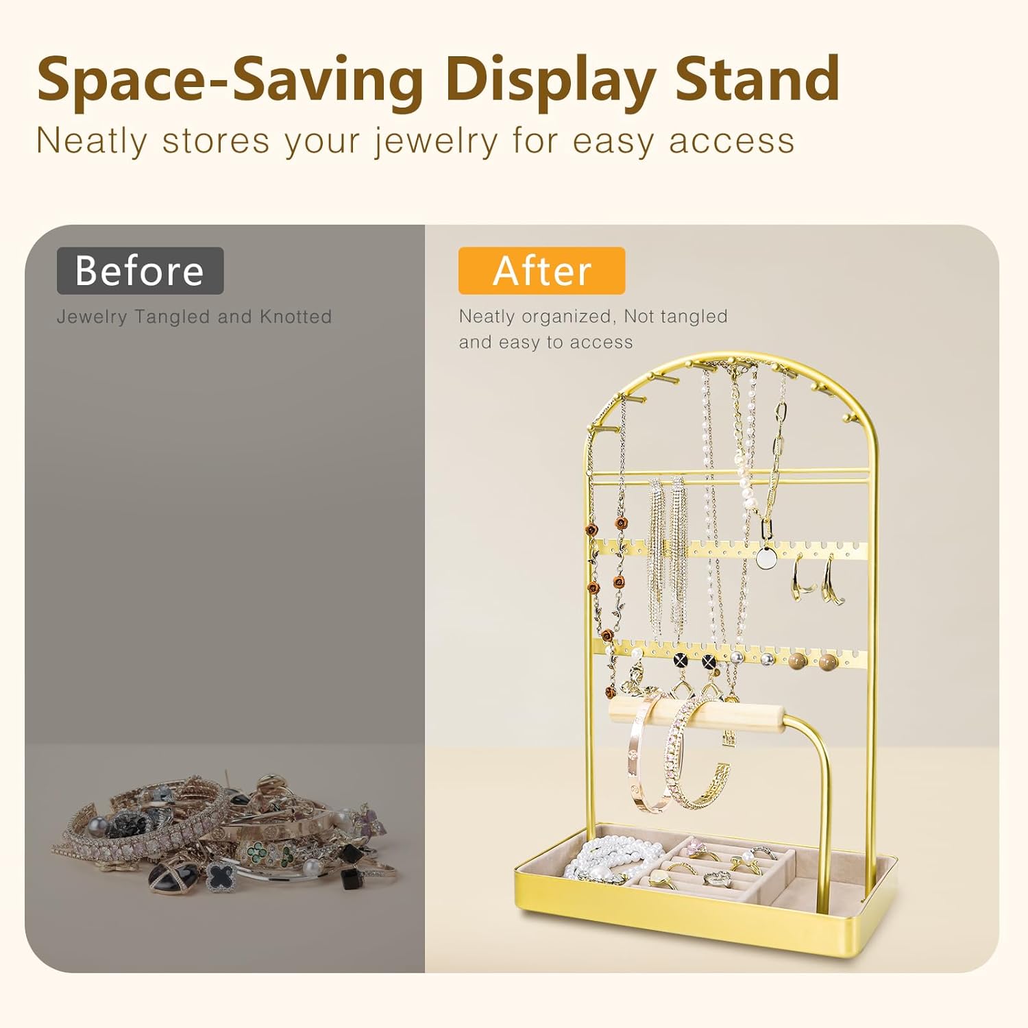 Multi-Functional Jewelry Holder Organizer Necklace Display Stand Velvet Lined Bar for Rings 2 Tier with 18 Hooks, 32 Earring Holes - Sturdy and Durable, Easy Organization Gold