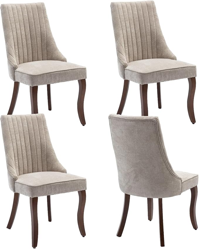 Dining Chairs Set of 4,Comfy Fabric Upholstered Accent Chairs for Kitchen Living Room,Channel Tufted Dining Room Chairs with Curved Solid Wood Legs(Beige)