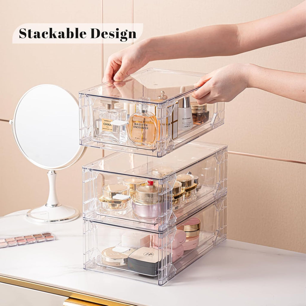 Stackable Pull-Out Storage Drawers，Easily Clean for Craft, and Toy Organization，Plastic Clear Organizer Bins with Handles for Kitchen Undersink，Cabinet，Fridge，Closet，Pantry，Office，Bathroom
