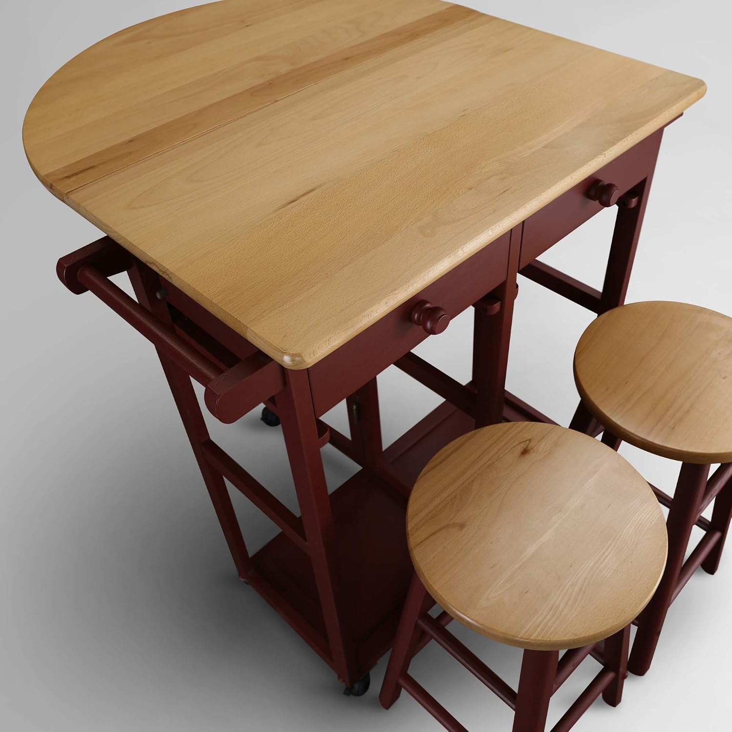 Casual Home Drop Leaf Breakfast Cart with 2 Stools-Red