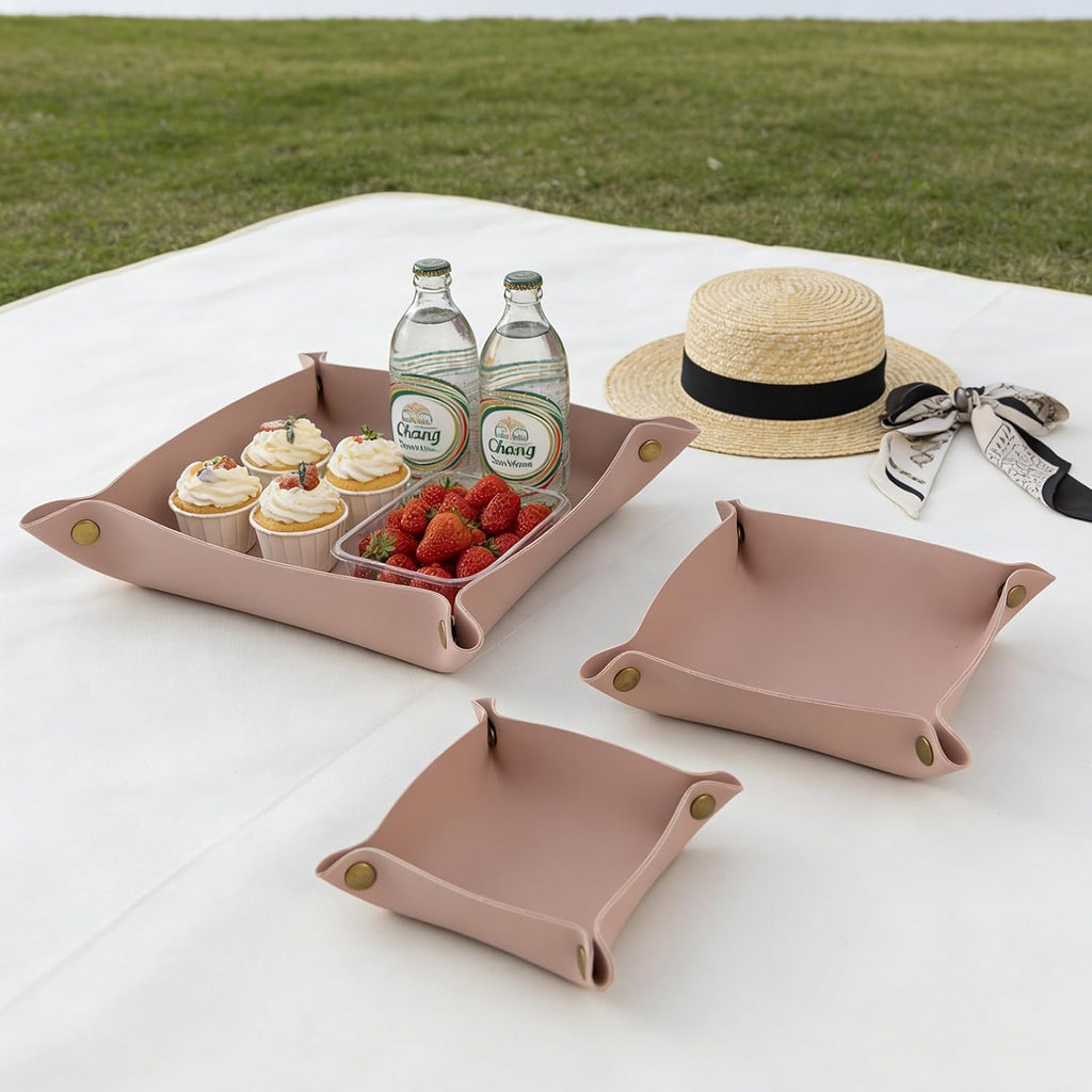 3 packs PU Leather Tray in 3 Sizes Jewelry Tray Glossy Leather Desk Organizer Leather Catchall Tray for Jewelry/Key/Coin/Sun Glasses/Watch/USB Cables etc. (Morandi Pink)