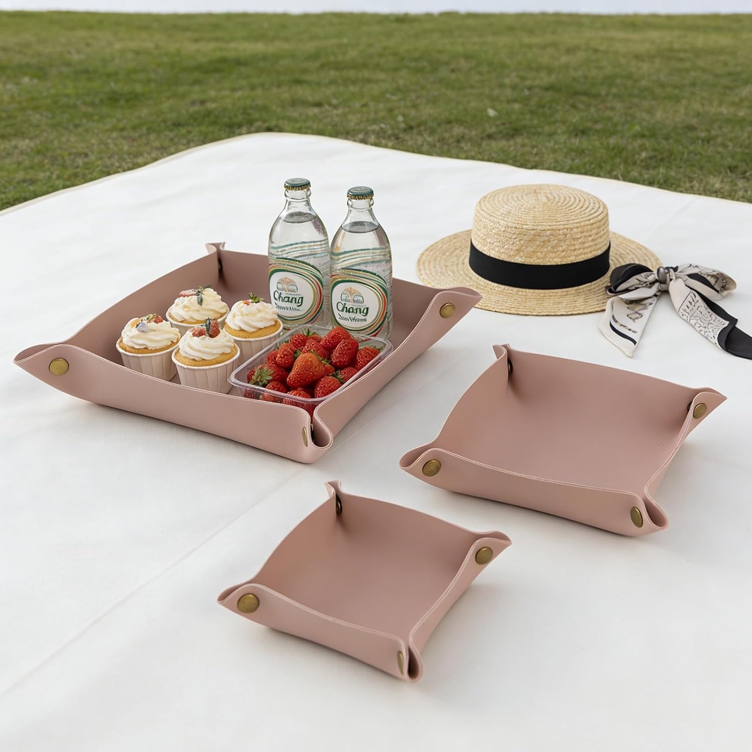 3 packs PU Leather Tray in 3 Sizes Jewelry Tray Glossy Leather Desk Organizer Leather Catchall Tray for Jewelry/Key/Coin/Sun Glasses/Watch/USB Cables etc. (Morandi Pink)
