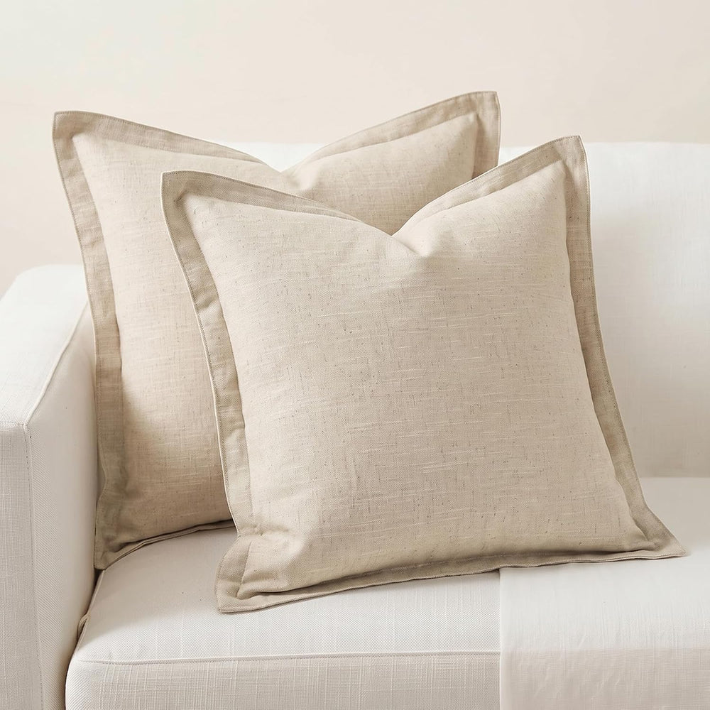 Fancy Homi 2 Pcs Linen Natural Neutral 28x28 Inch Flange Throw Pillow Cover