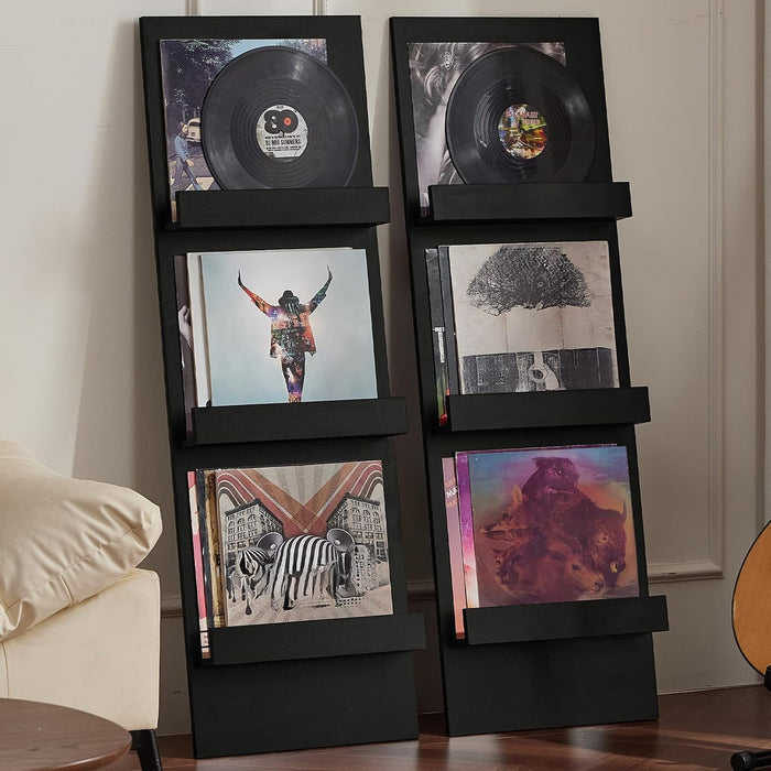 LELELINKY Wall-Leaning Vinyl Record Holder Set of 2 with 3 Tier Display Shelf, 47.5'' Tall Record Storage Magazine Holder, Vinlys Stand Holder Holds Up to 60 Vinyls Albums/CD for, Living Room, Black