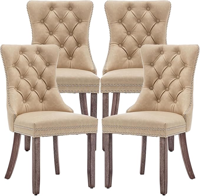 Leather Dining Chairs Set of 4, Upholstered Dining Room Chairs with Nailhead Trim, Sillas de Comedor Modernas 4, Wooden Kitchen Chairs for Dining Room, Living Room, Kitchen, Bedroom, Beige