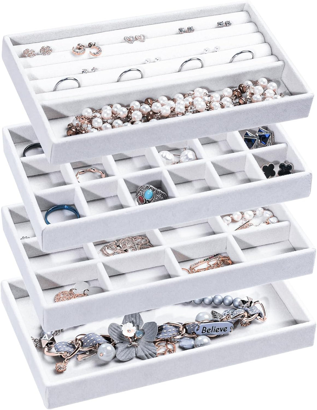 Frebeauty Jewelry Organizer Tray,Stackable Velvet Jewelry Trays,Drawer Inserts Earring Organizer For Women Jewelry Storage Display Case for Rings Stud Necklaces,Set of 4(White)