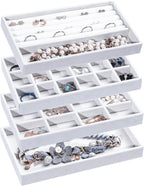 Frebeauty Jewelry Organizer Tray,Stackable Velvet Jewelry Trays,Drawer Inserts Earring Organizer For Women Jewelry Storage Display Case for Rings Stud Necklaces,Set of 4(White)